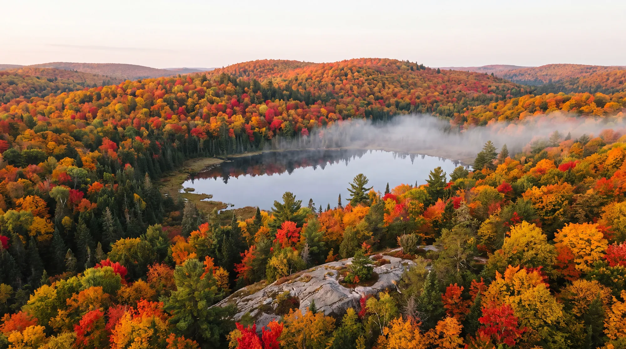Maple forest in autumn above a still lake, Algonquin Provincial Park, Ontario