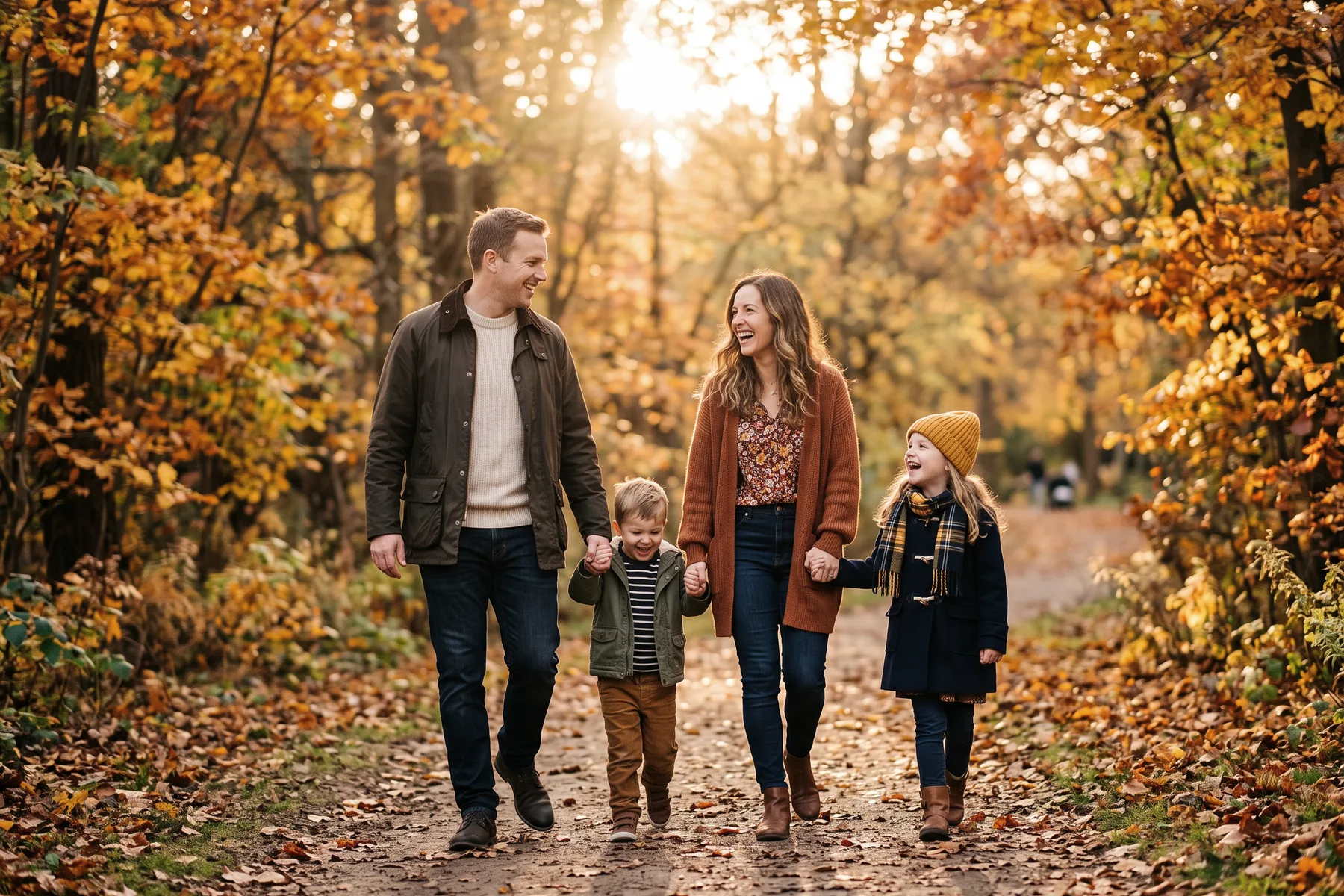 A young family walking together through autumn trees