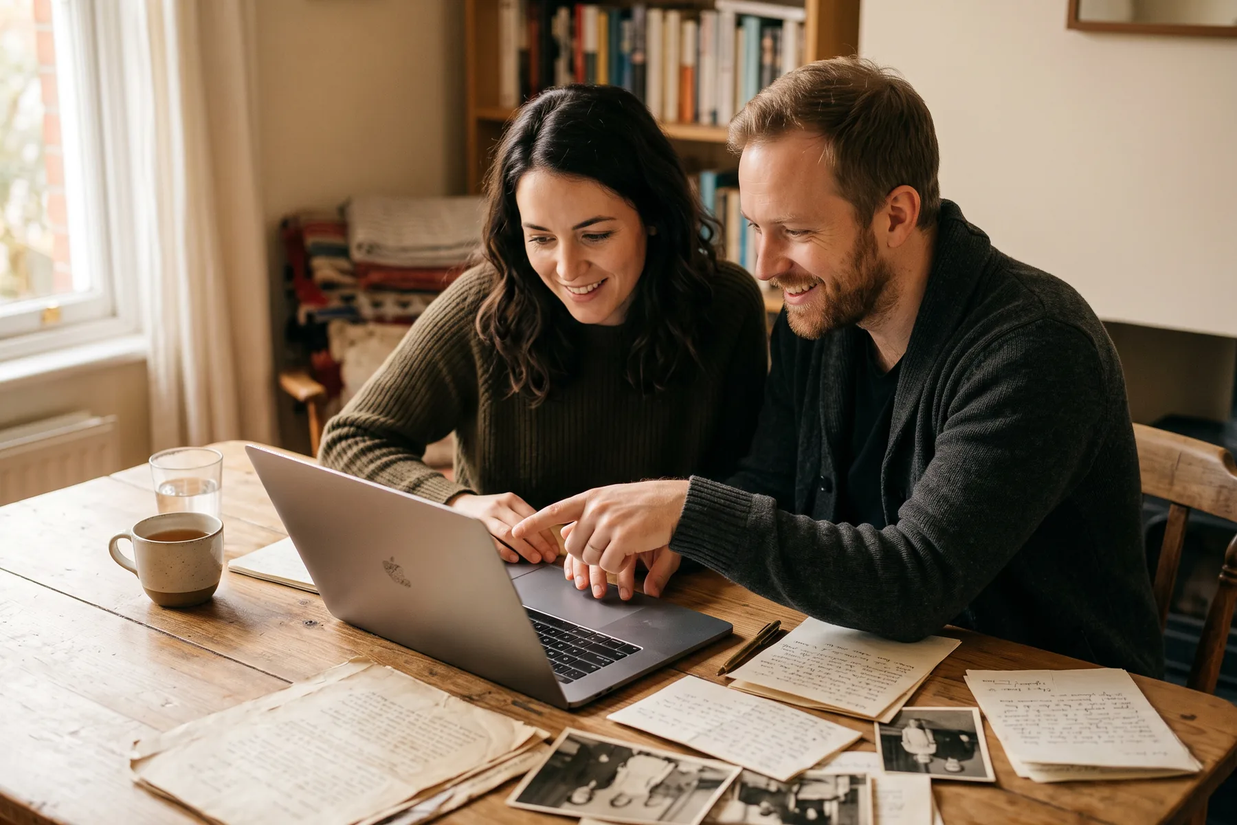 A couple at a kitchen table going through old family papers and photographs with a laptop