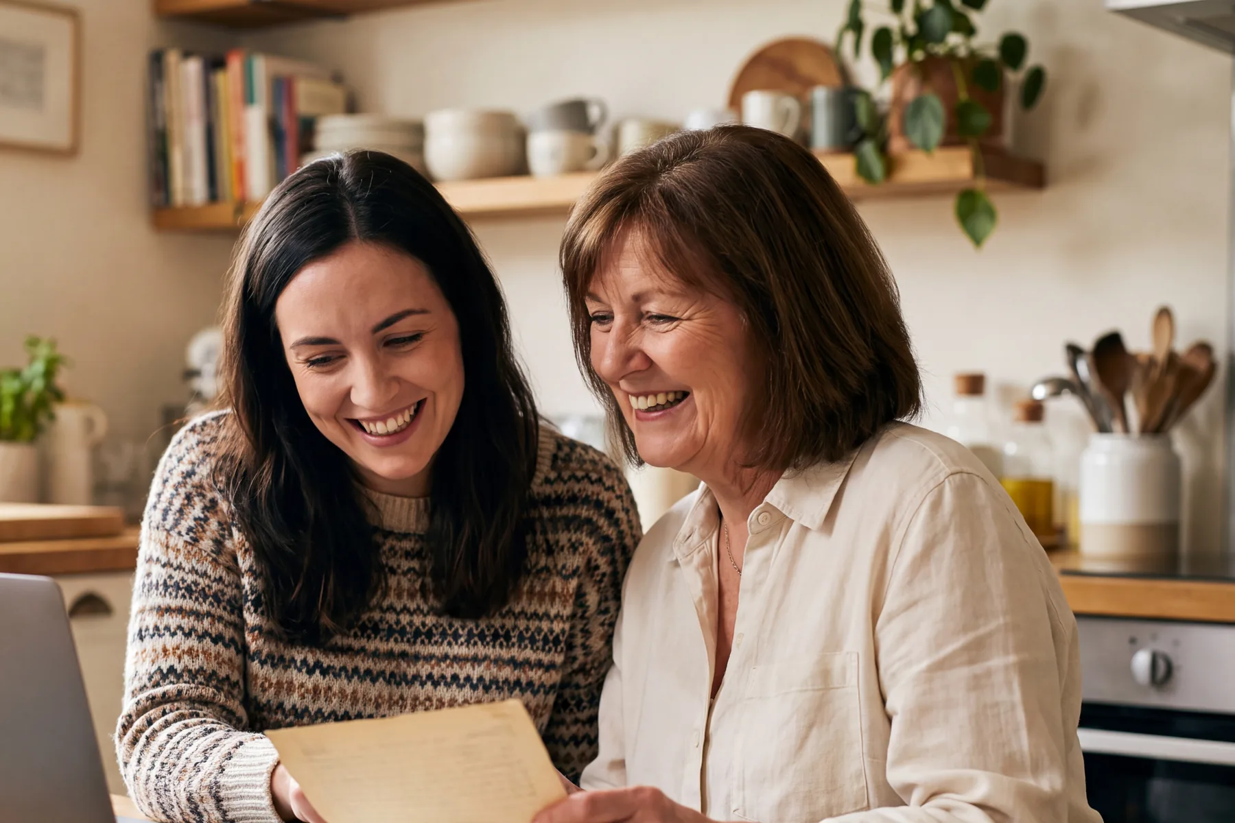 A mother and her adult daughter reading old family papers together